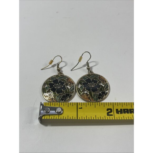 VINTAGE Cloisonne Pierced Earrings Navy Green Enamel Flowers Openwork Round Drop - Picture 3 of 4